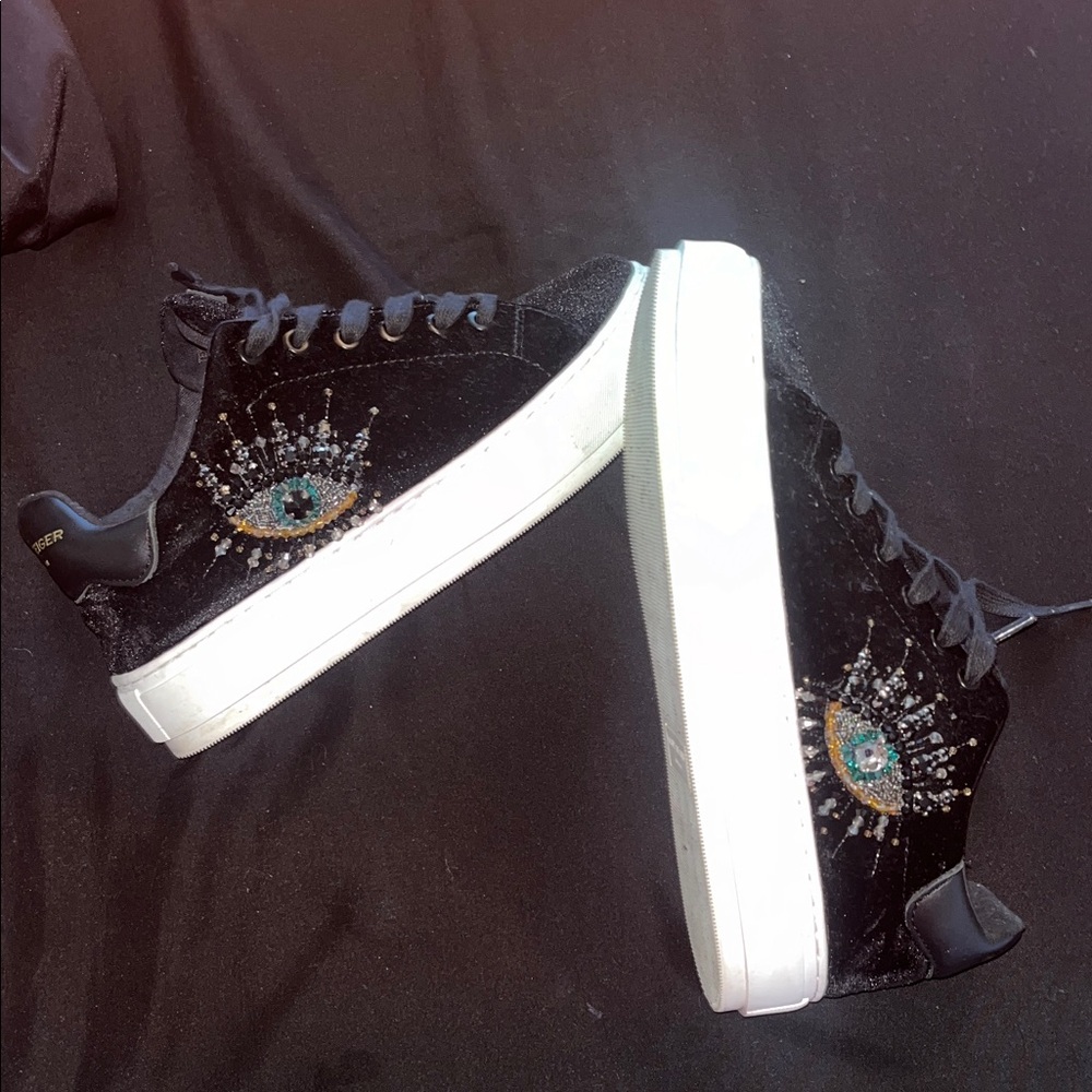 Kurt Geiger Black Velvet Sneakers with Eye Embroidery
